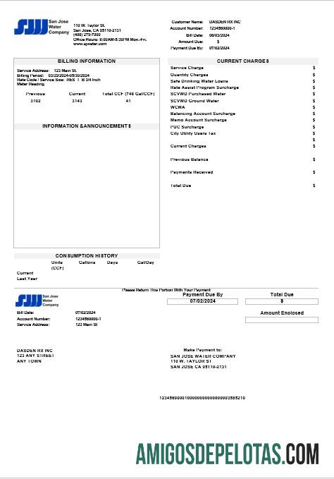 Em branco modelo de conta de serviços públicos de água dos EUA Califórnia San Jose em formatos Word e PDF